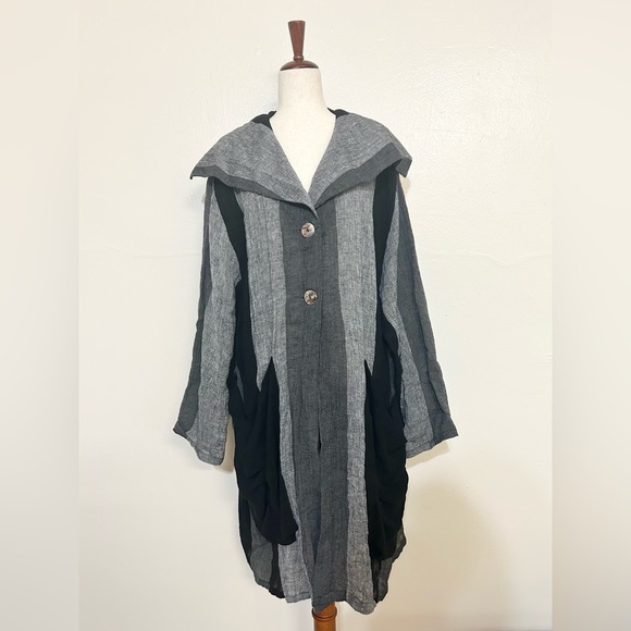 TRANSPARENTE Black and Grey Linen Knit Cardigan Jacket Layer Collared Button Up